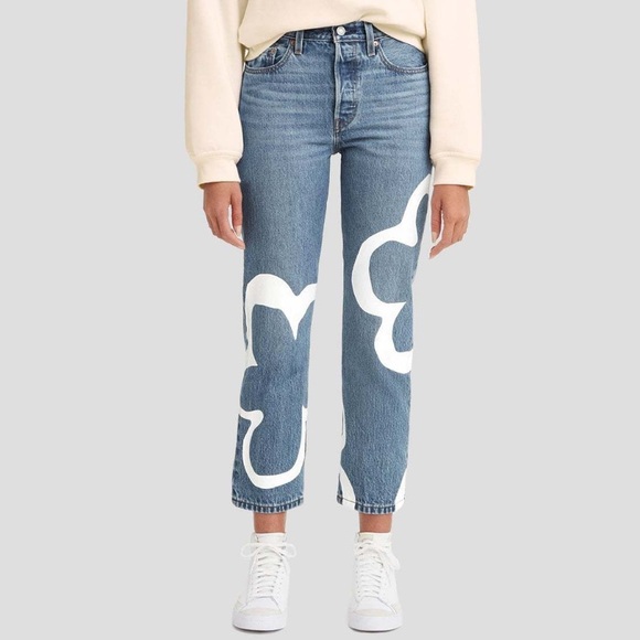 New Levi's 501 Crop high rise straight leg blue 100% cotton Floral print Jeans - Picture 6 of 10